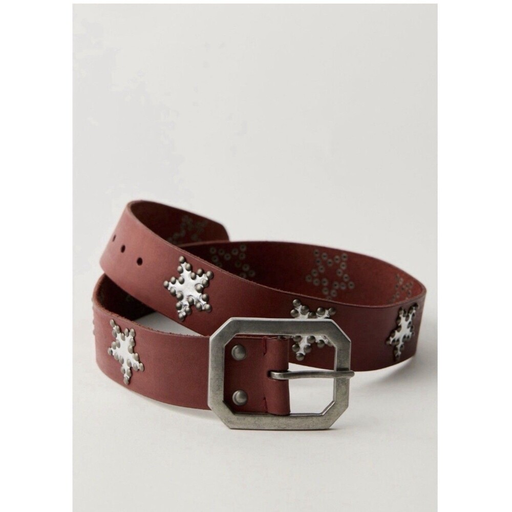 FREE PEOPLE Starcrossed Studded Leather Belt Brown Stars Big Buckle M/L Boho
